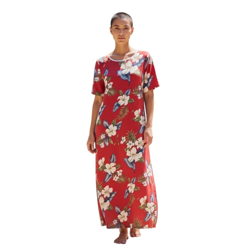 Iolani‎ Hawaii Vintage 80s Red Multicolor Floral Print Maxi Women's Dress, Small